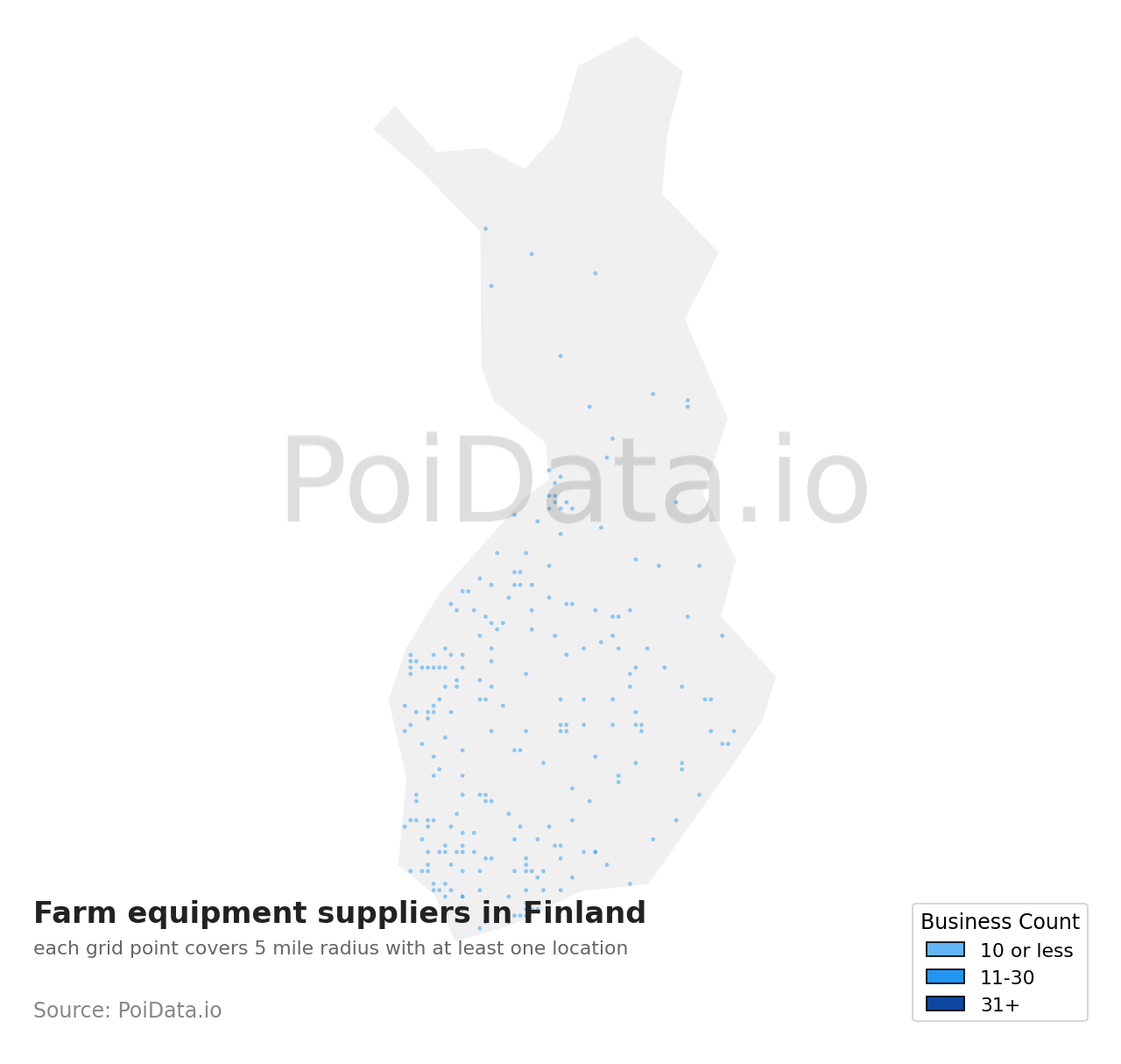 Farm equipment supplier density map for Finland
