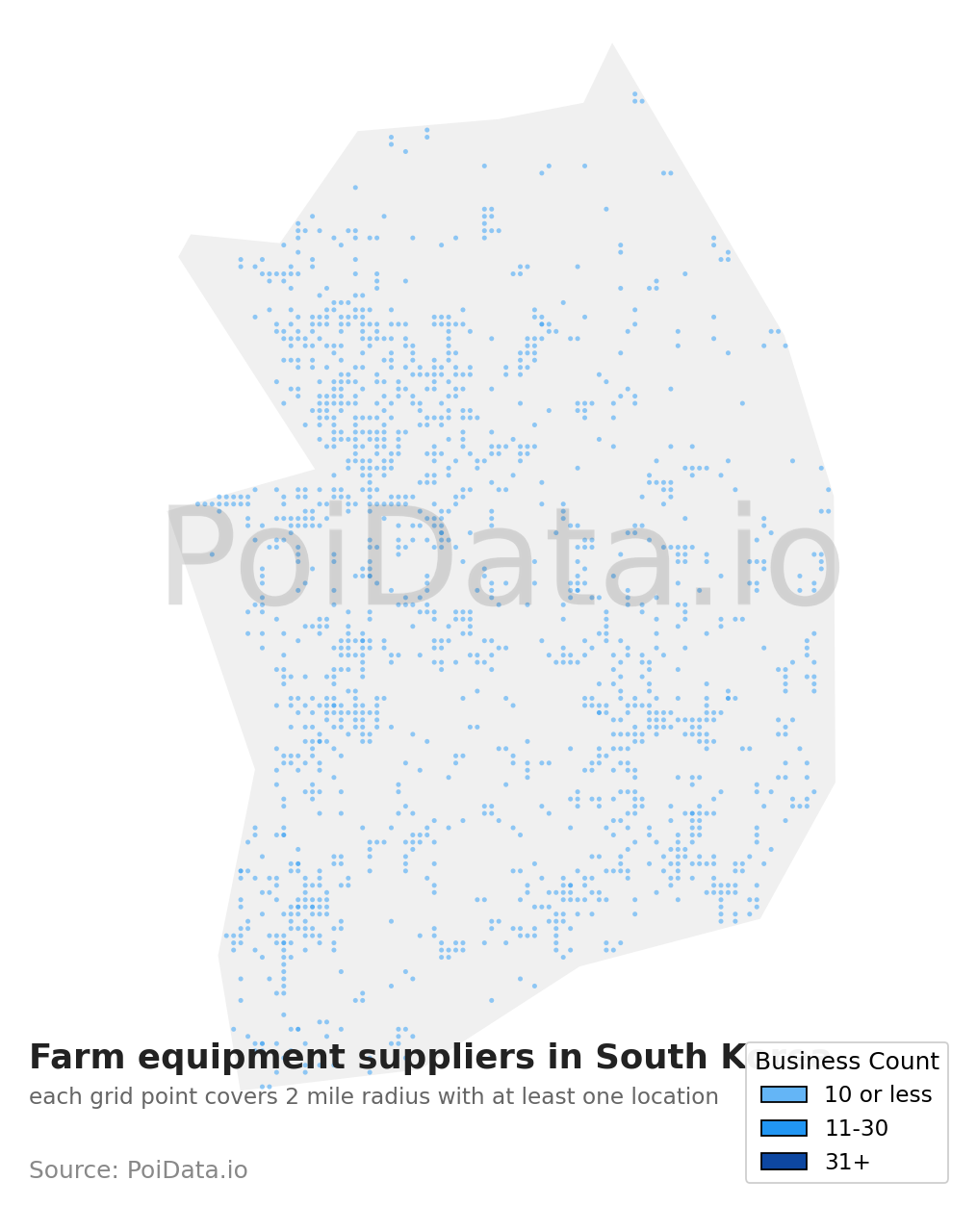 Farm equipment supplier density map for South Korea