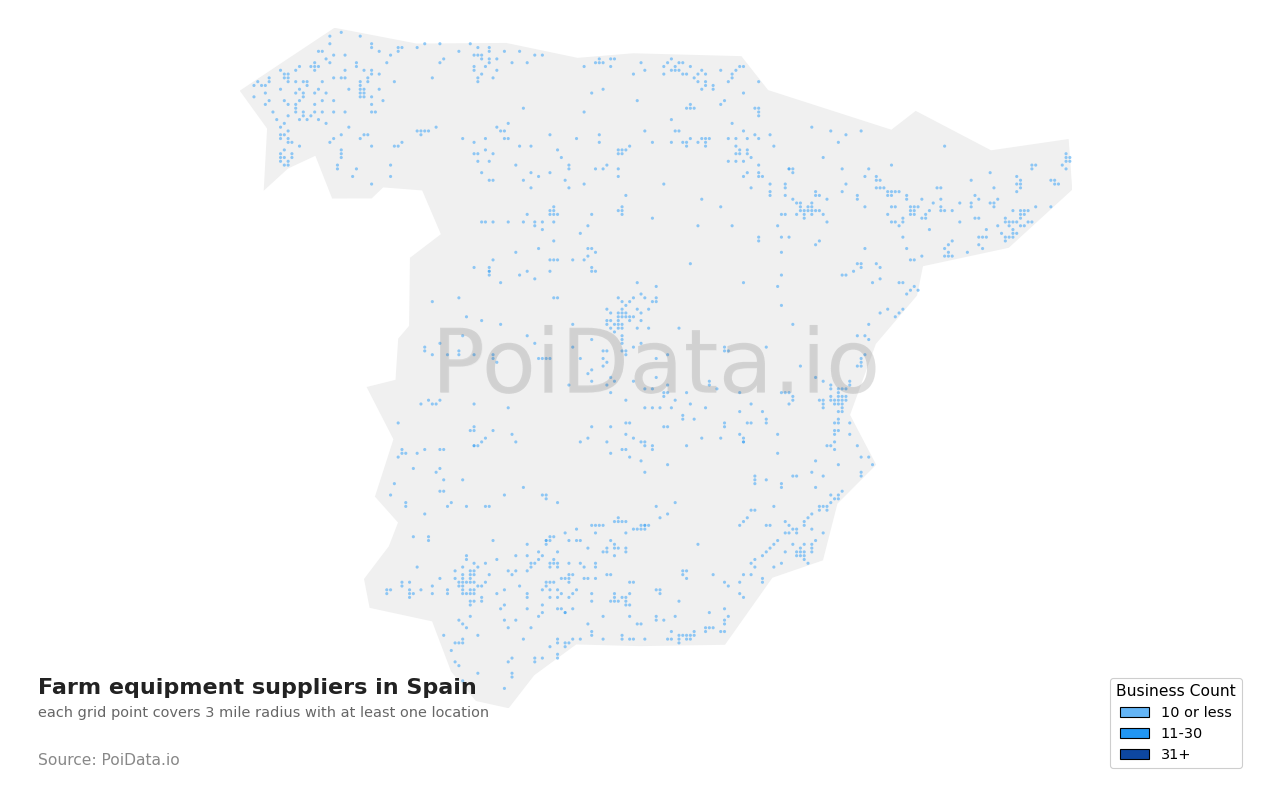 Farm equipment supplier density map for Spain