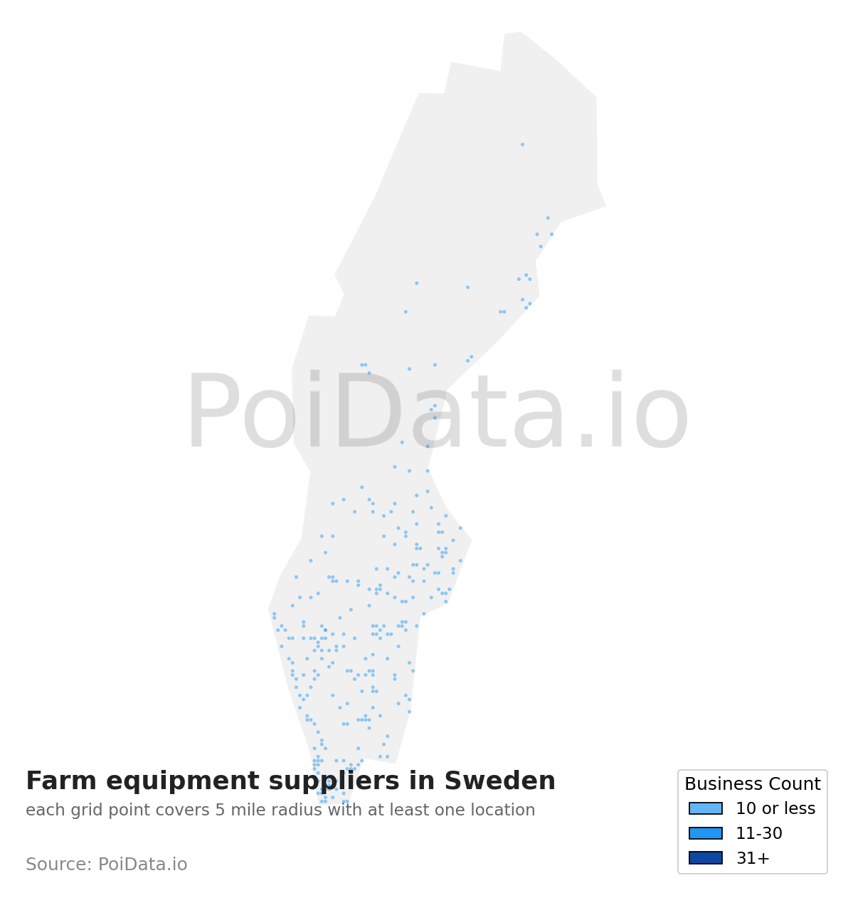 Farm equipment supplier density map for Sweden