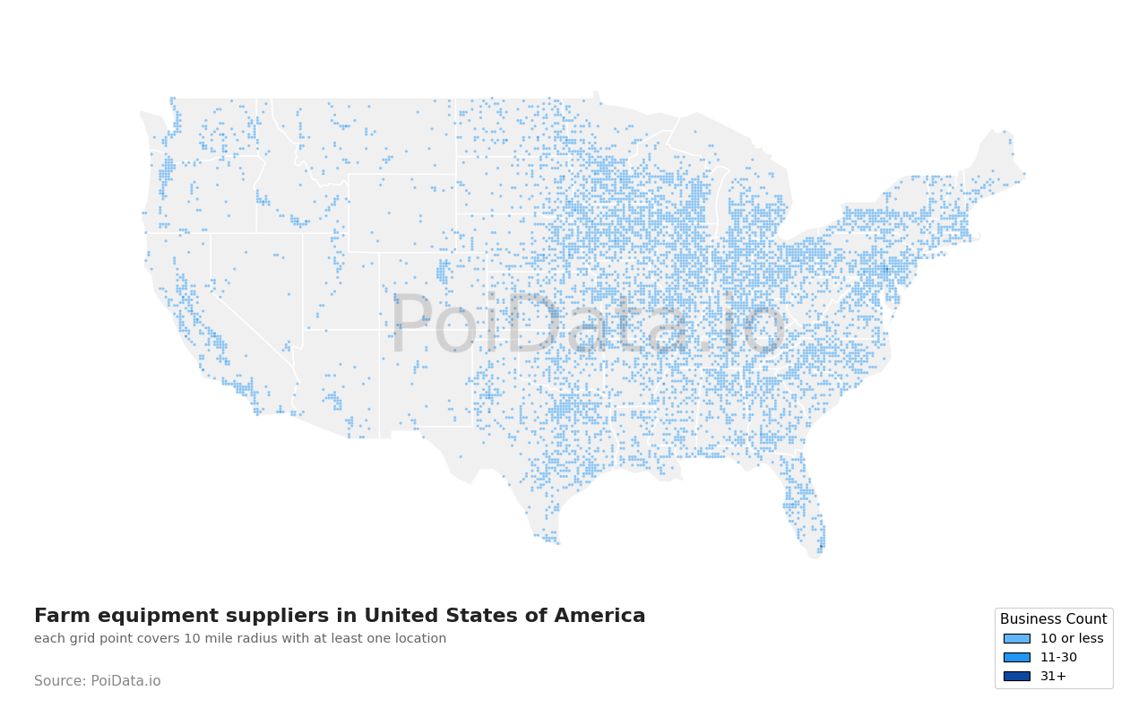 Farm equipment supplier density map for Texas, United States
