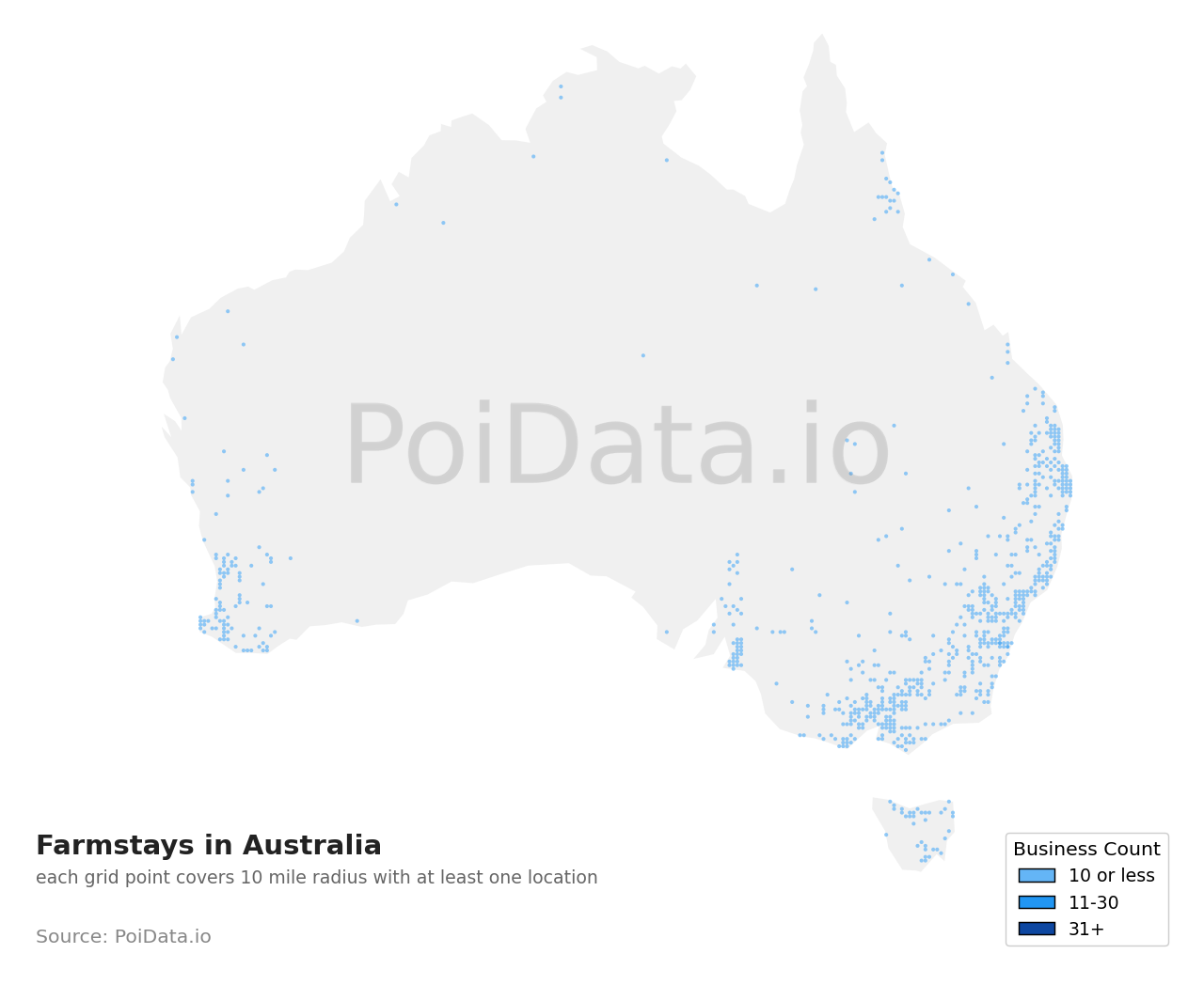 Farmstay density map for Western Australia, Australia
