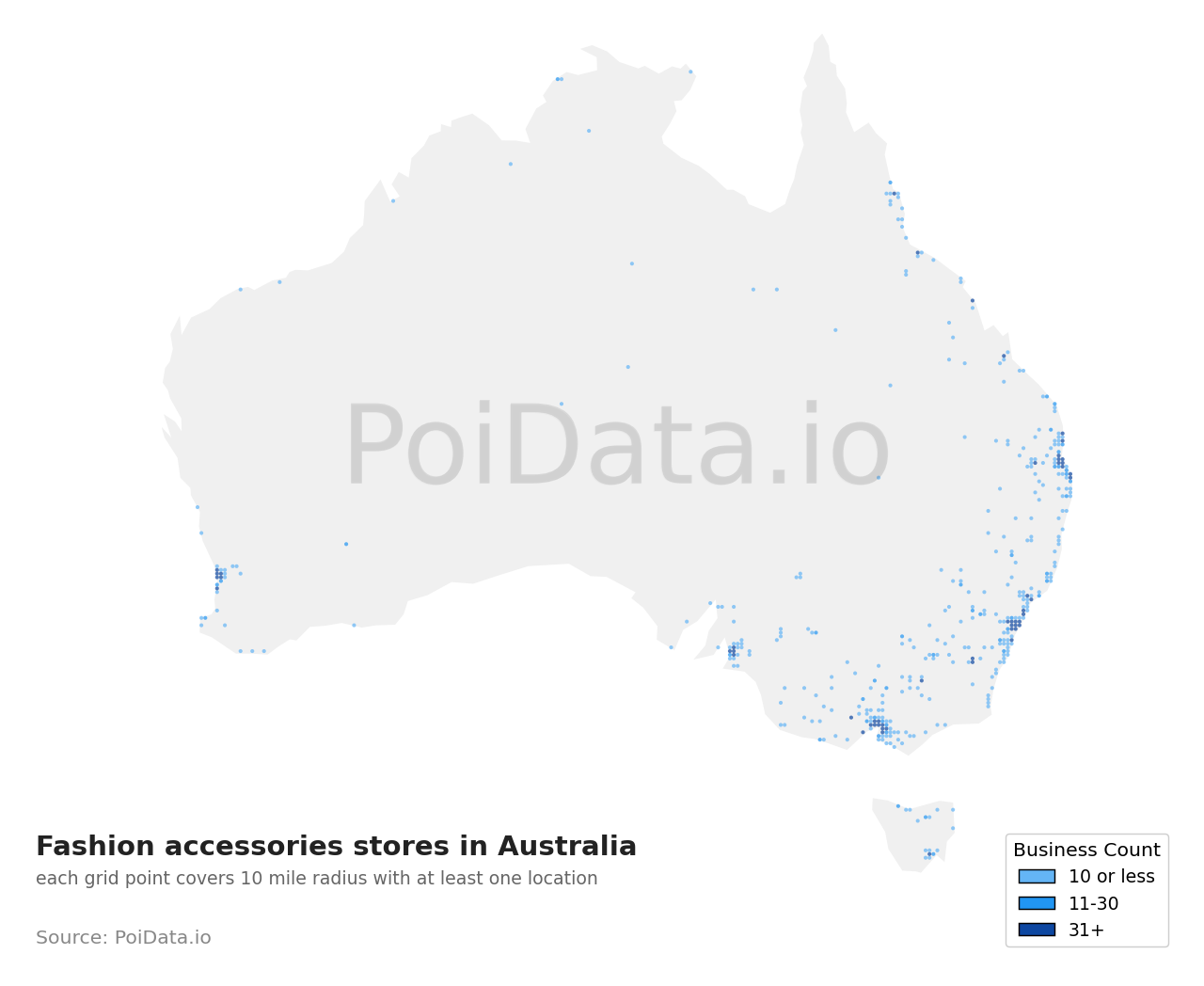 Fashion accessories store density map for Australia