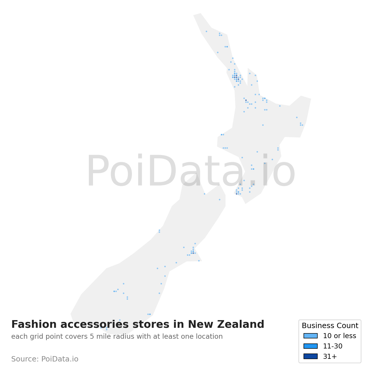 Fashion accessories store density map for New Zealand