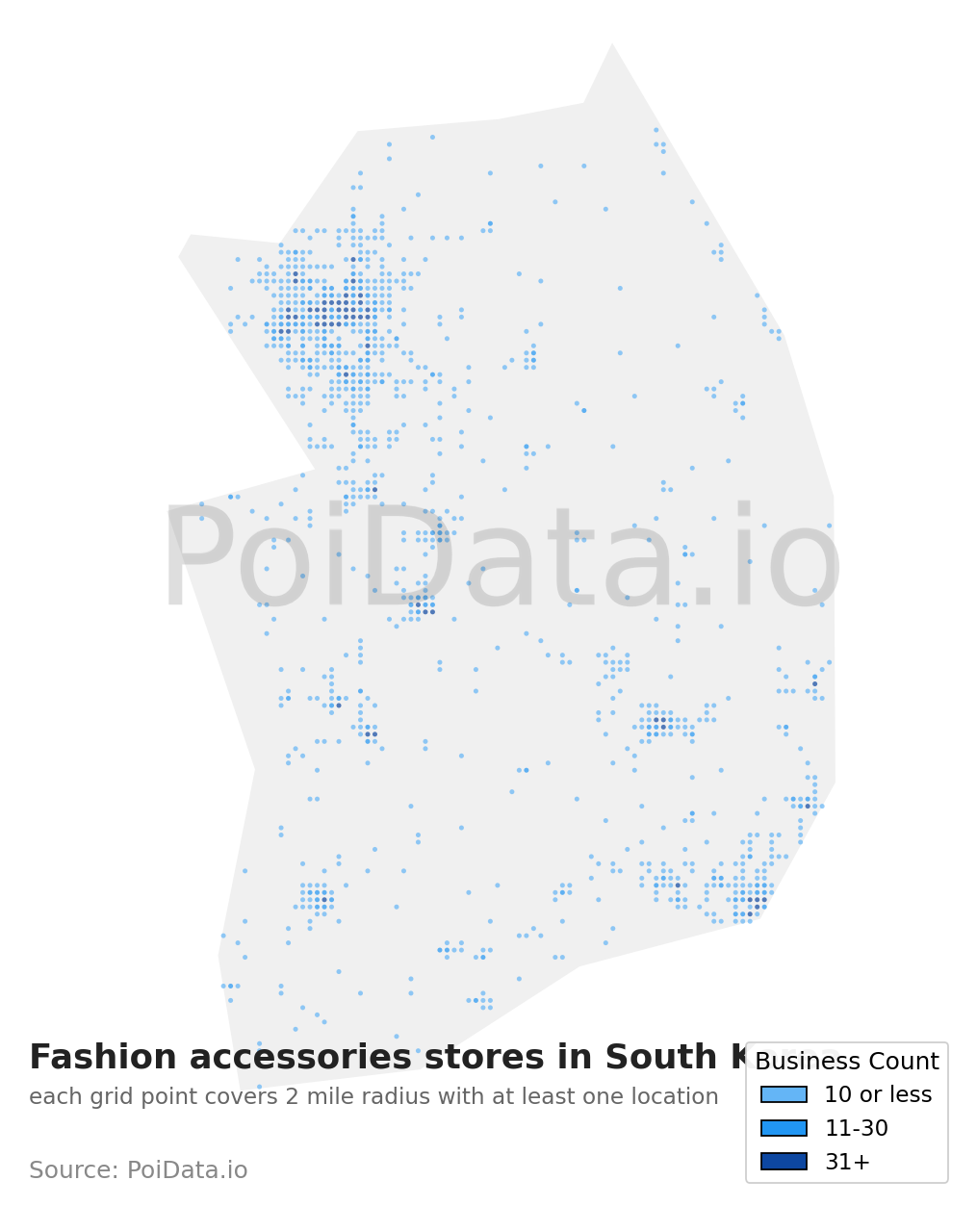 Fashion accessories store density map for South Korea