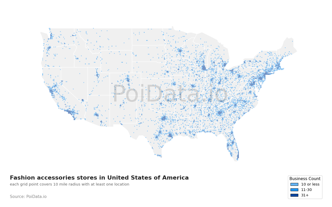 Fashion accessories store density map for United States