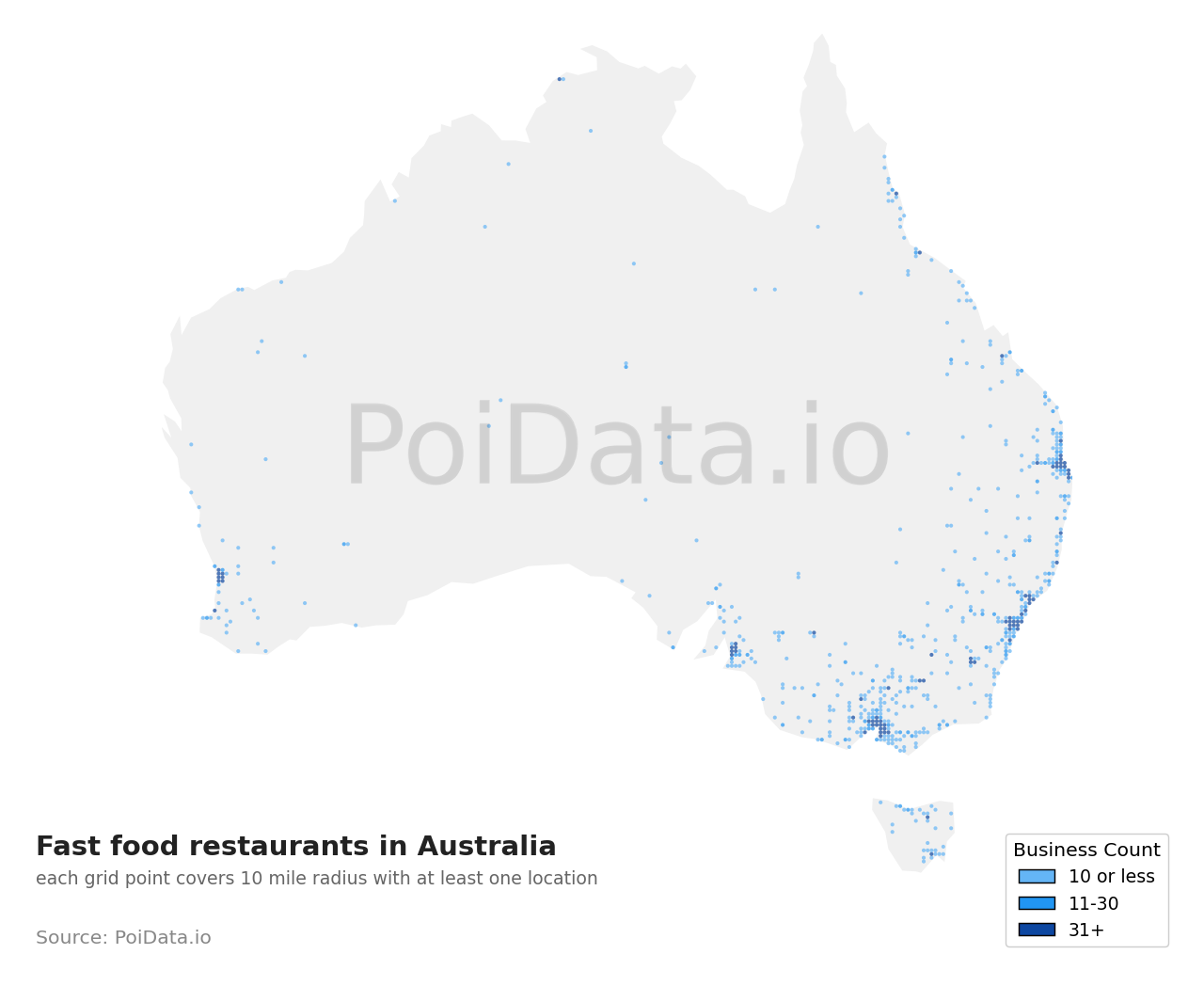 Fast food restaurant density map for Australia