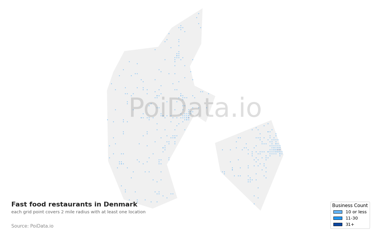 Fast food restaurant density map for Denmark