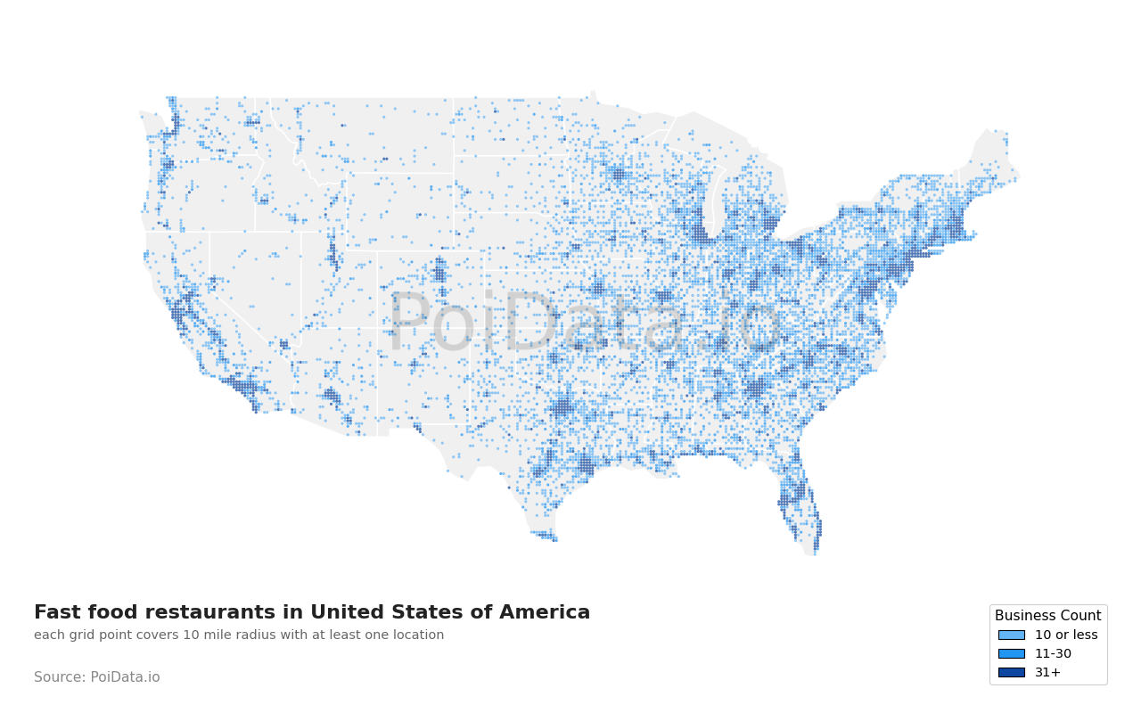 Fast food restaurant density map for United States