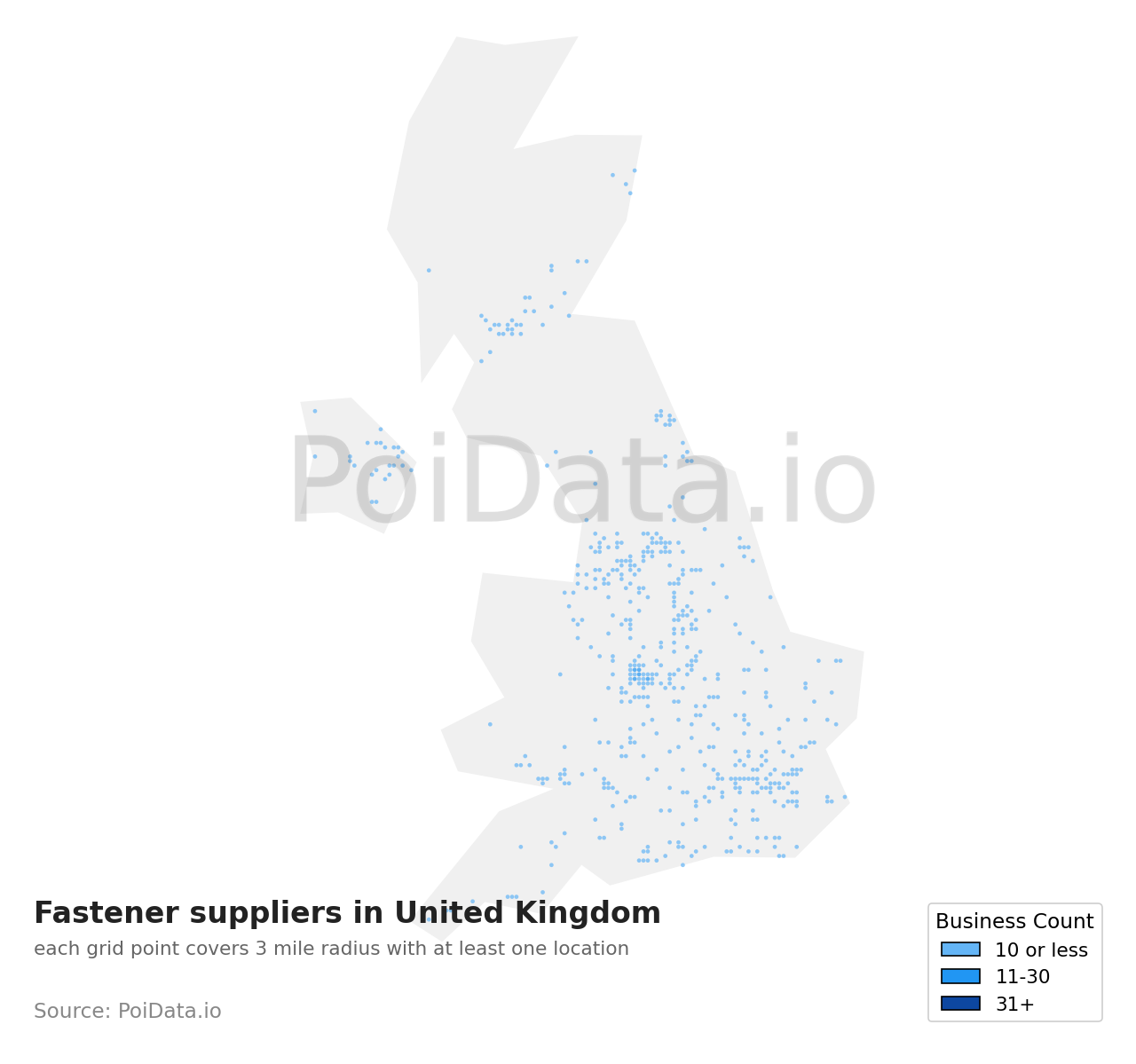 Fastener supplier density map for United Kingdom