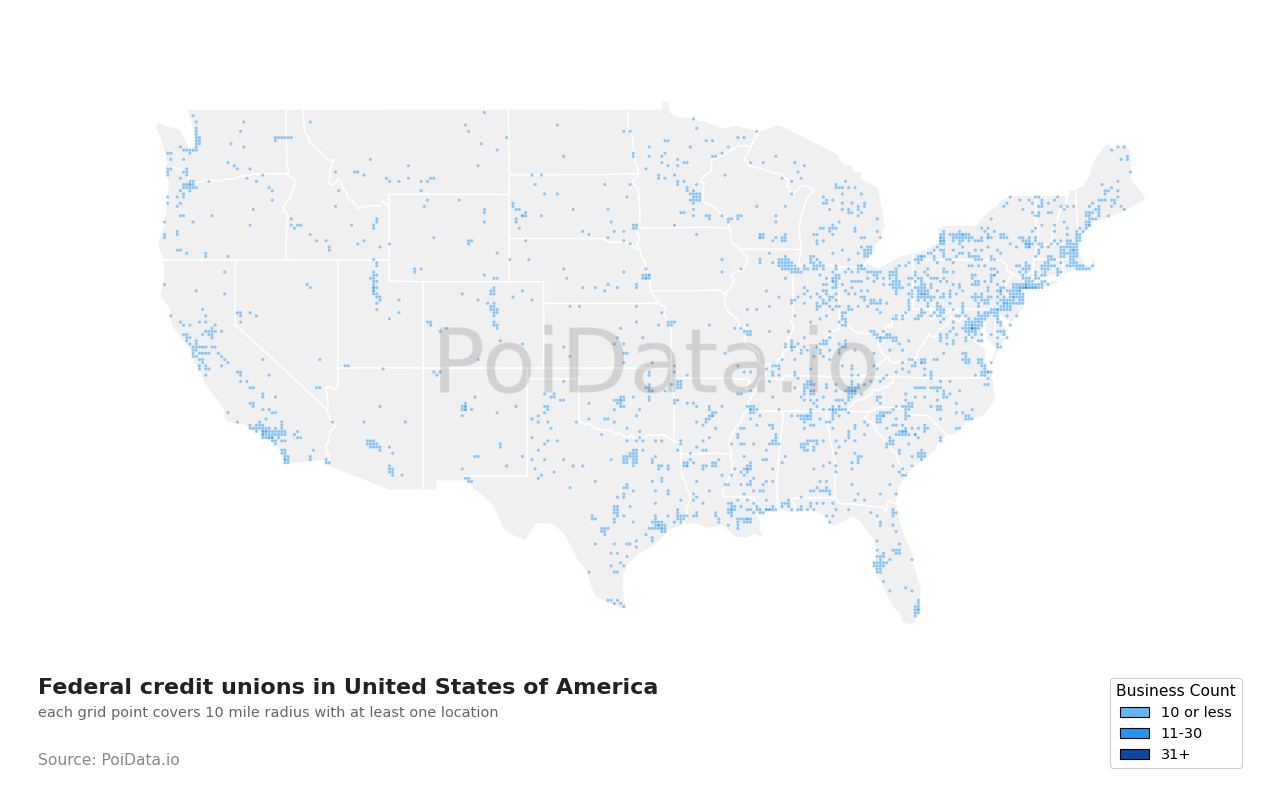 Federal credit union density map for United States
