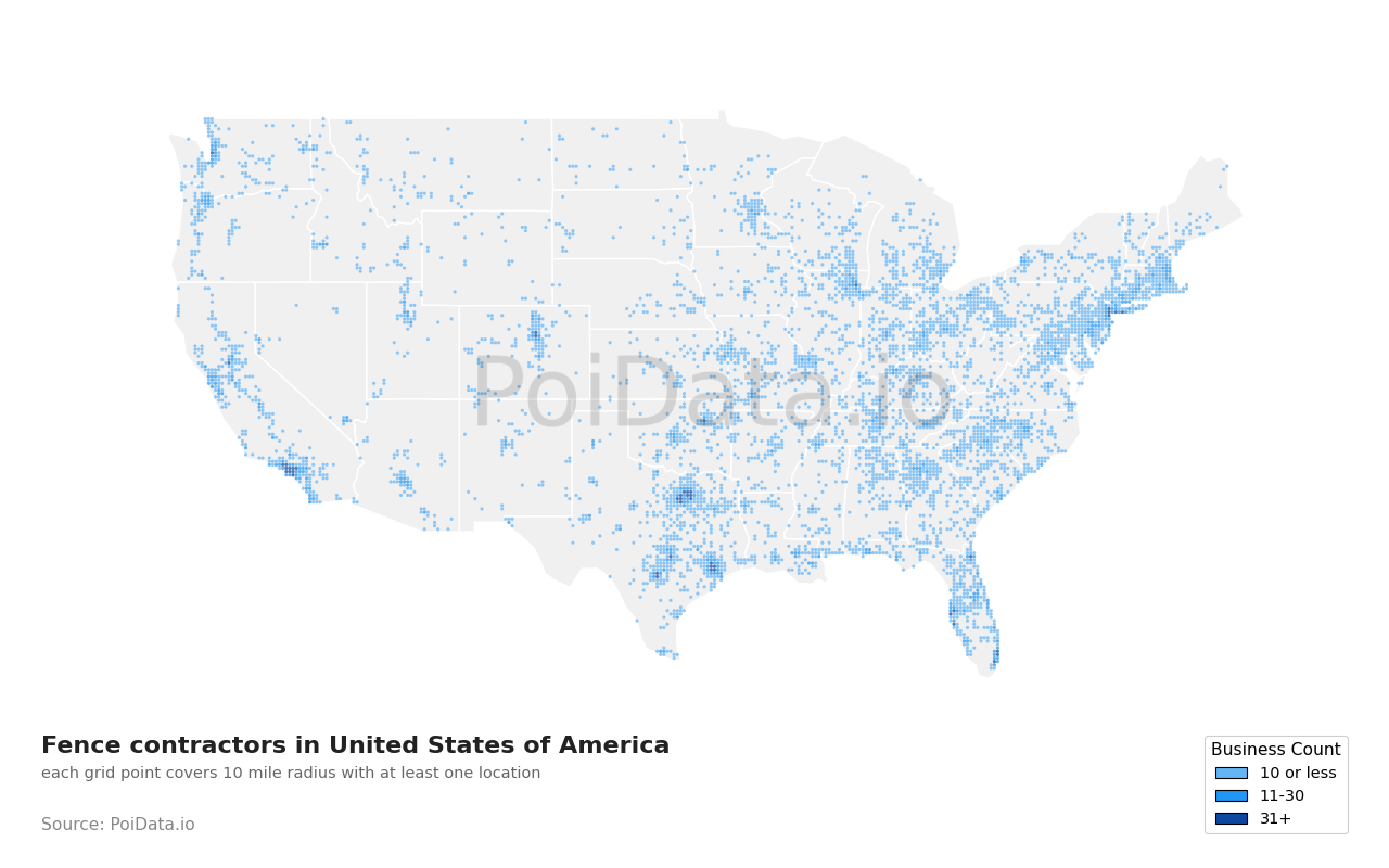 Fence contractor density map for Florida, United States