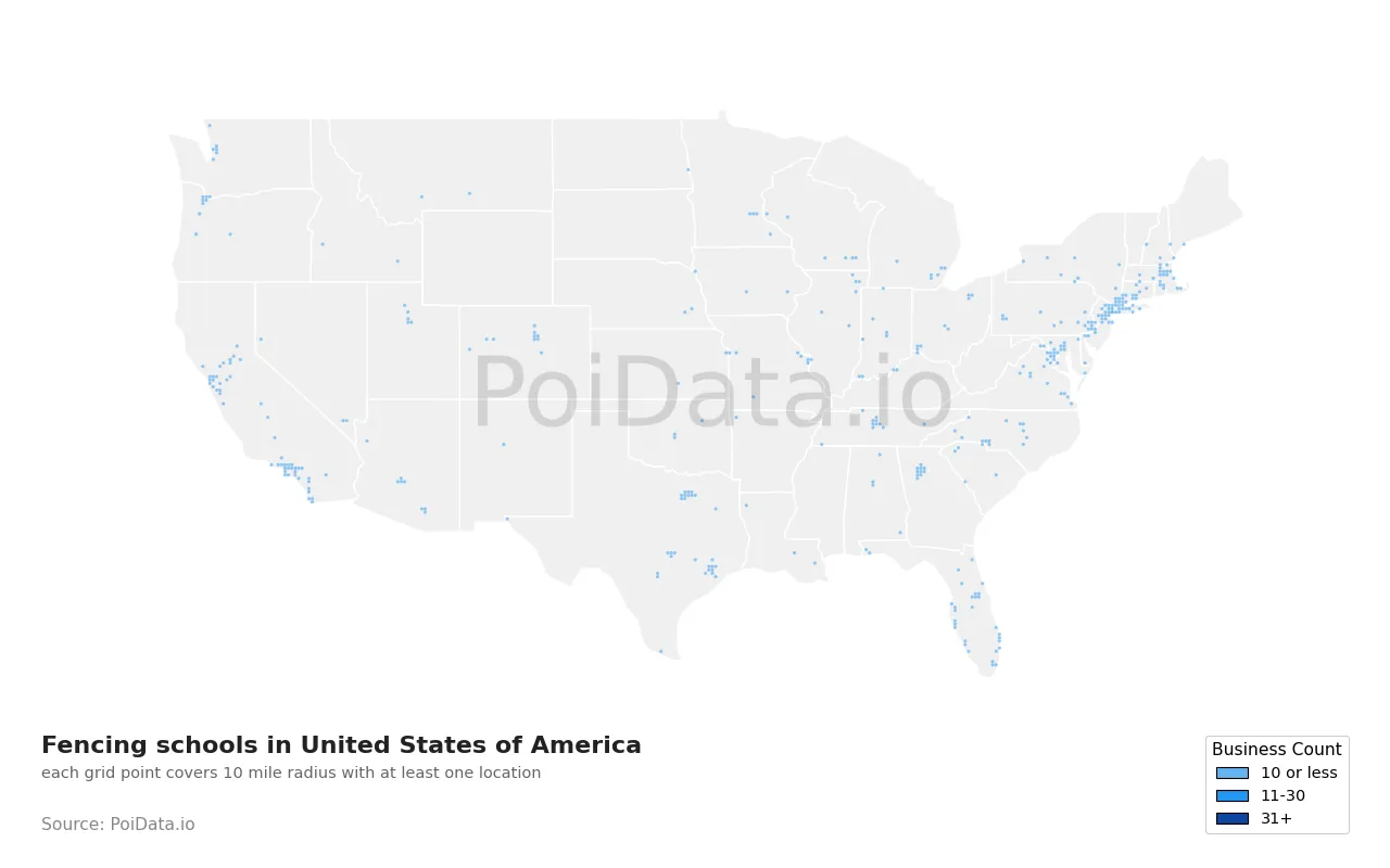 Fencing school density map for United States