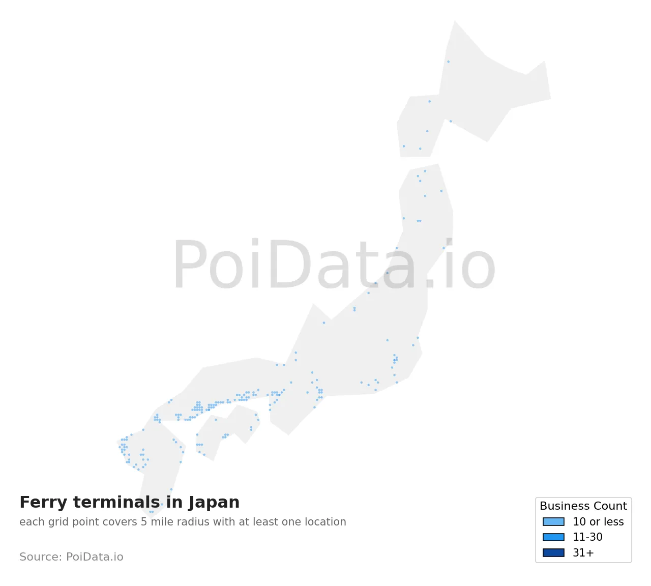 Ferry terminal density map for Japan