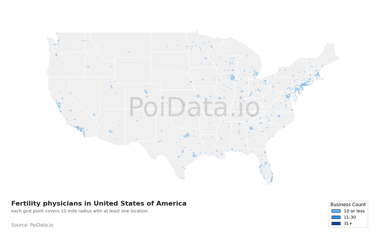 Fertility physician density map for United States