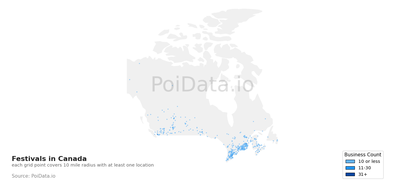 Festival density map for New Brunswick, Canada