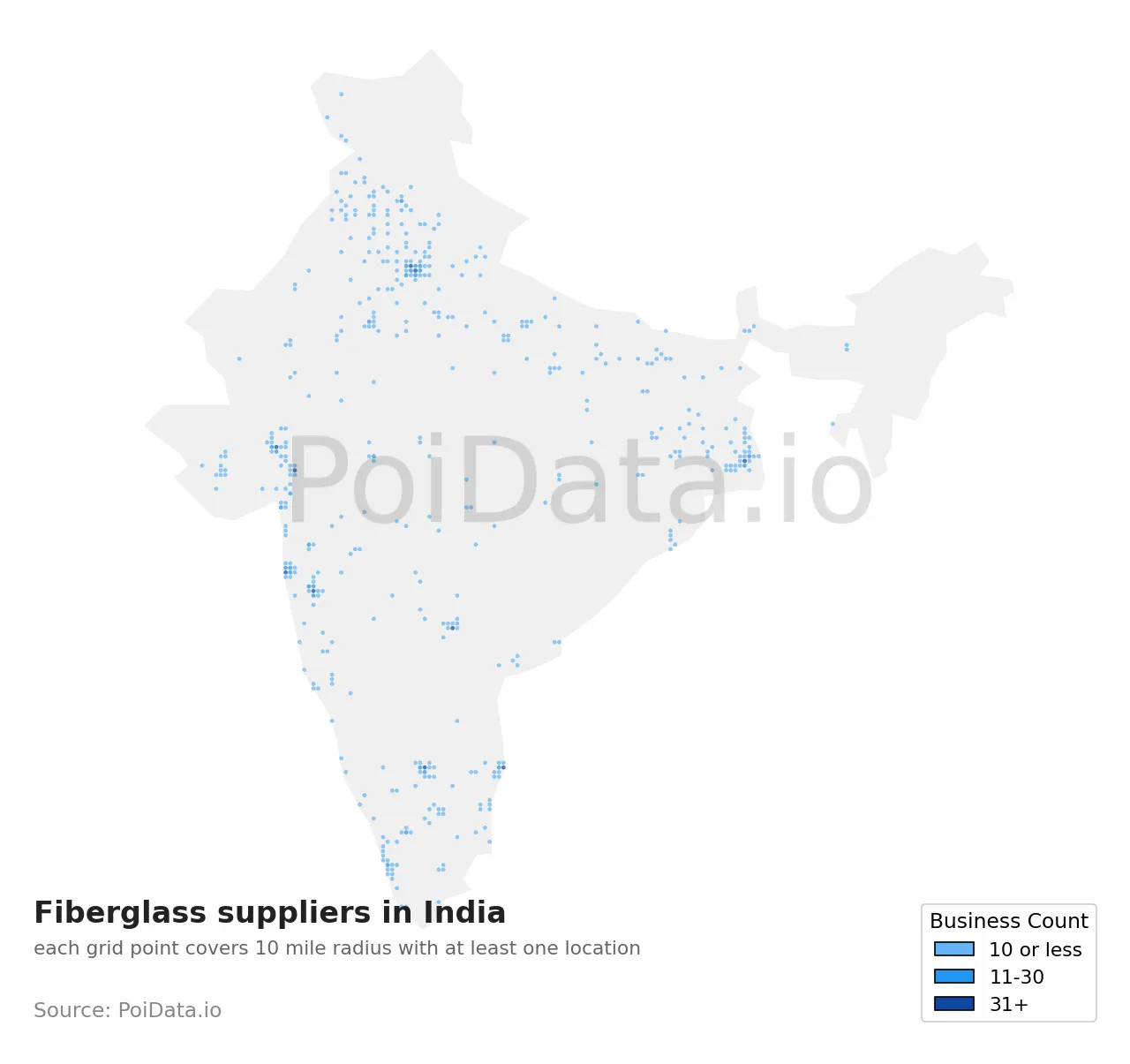 Fiberglass supplier density map for India