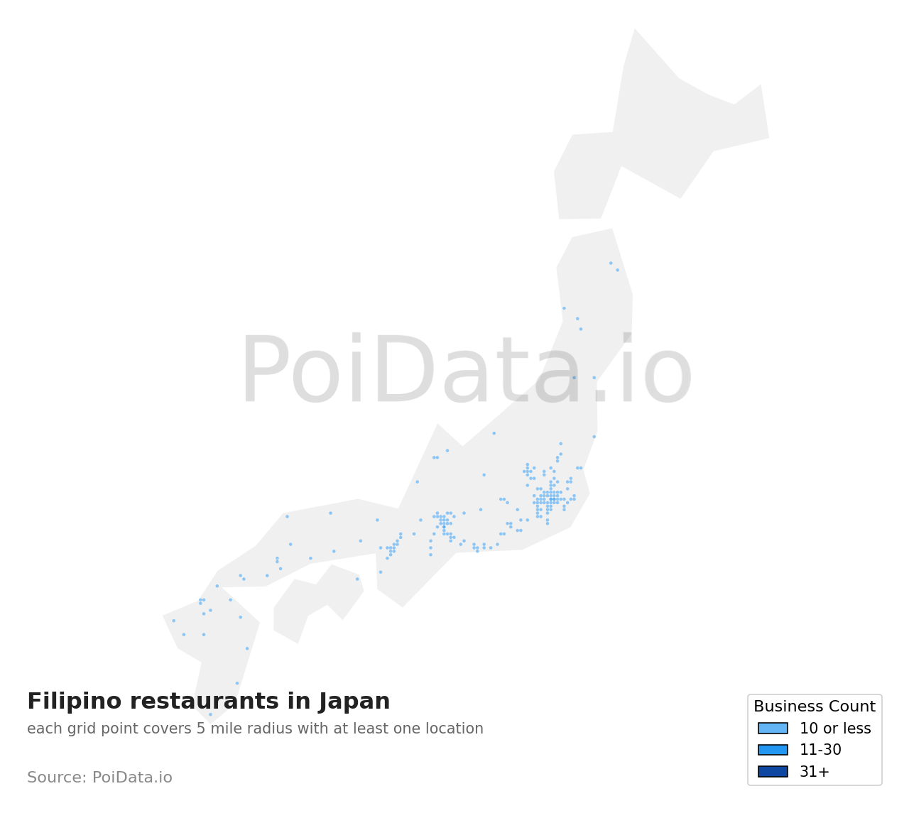 Filipino restaurant density map for Hiroshima, Japan