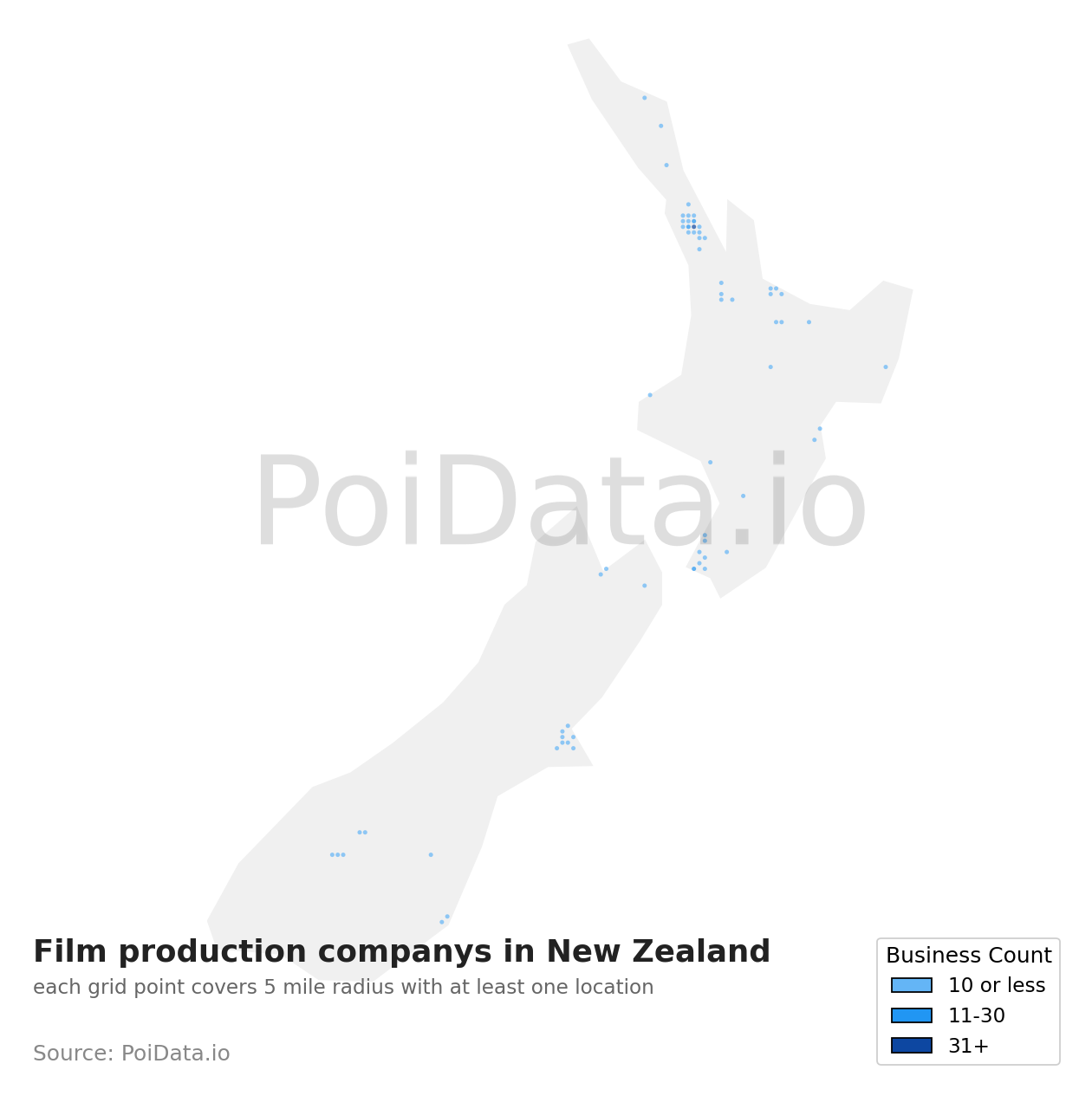 Film production company density map for New Zealand