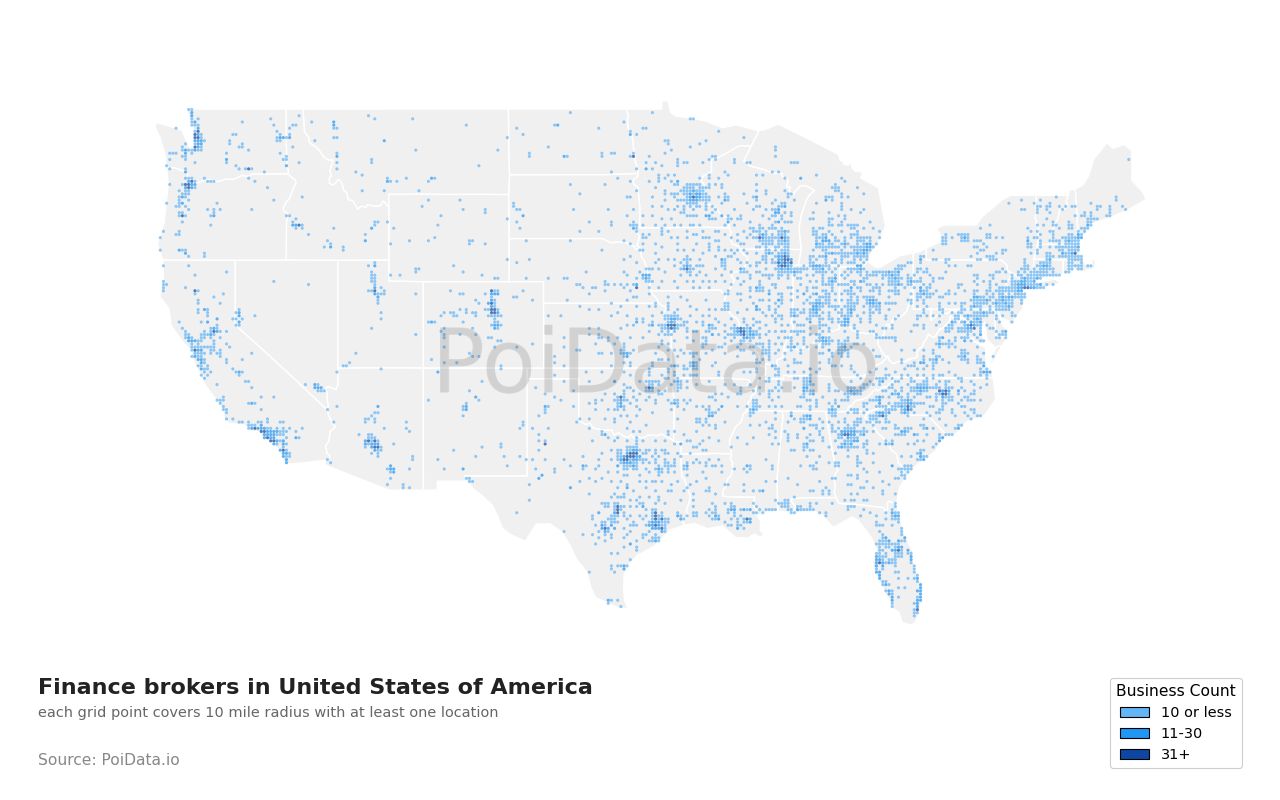 Finance broker density map for United States