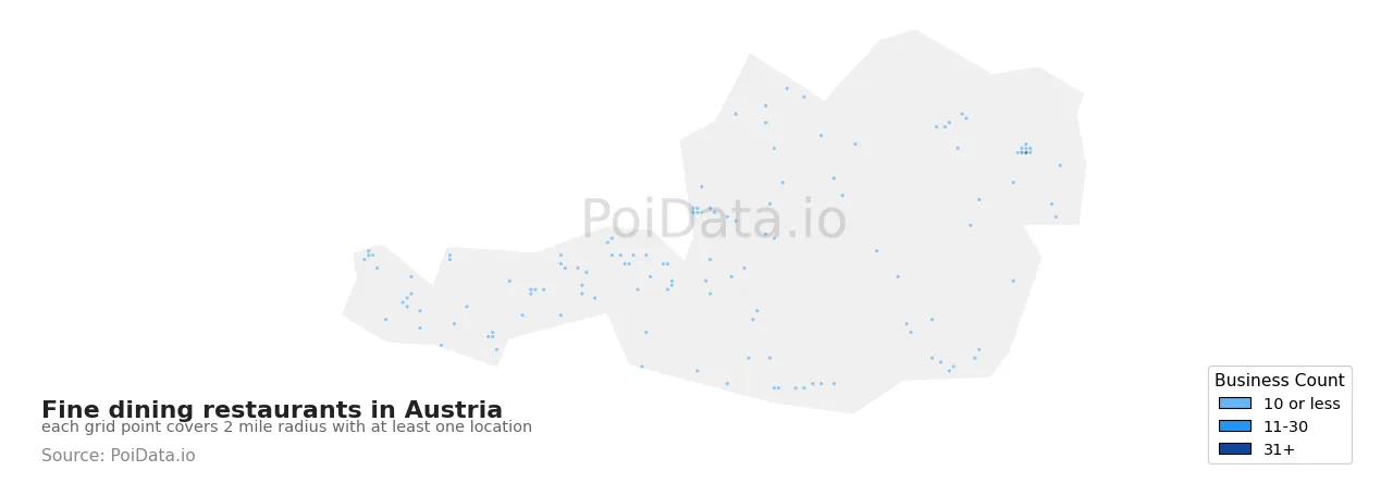 Fine dining restaurant density map for Austria