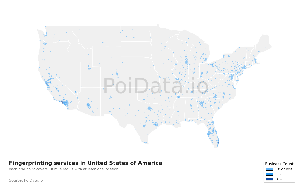 Fingerprinting service density map for Tennessee, United States