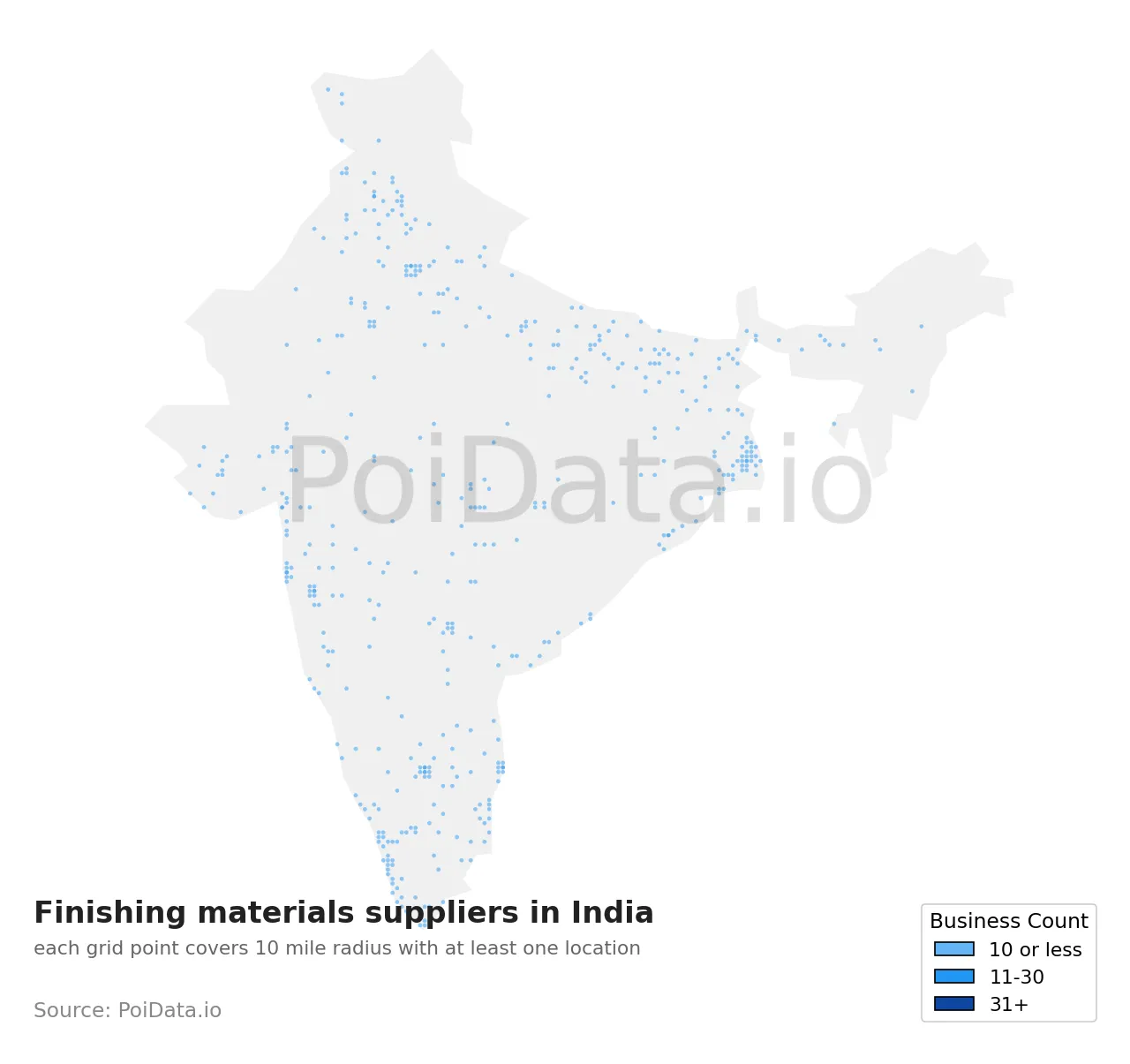 Finishing materials supplier density map for India