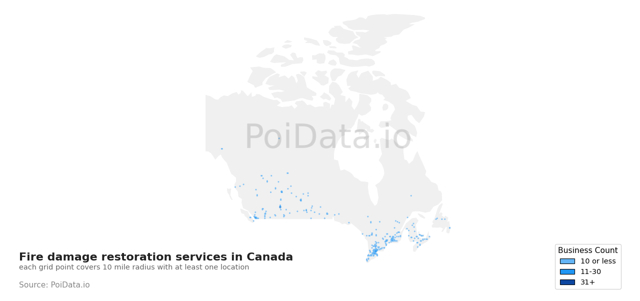 Fire damage restoration service density map for Manitoba, Canada