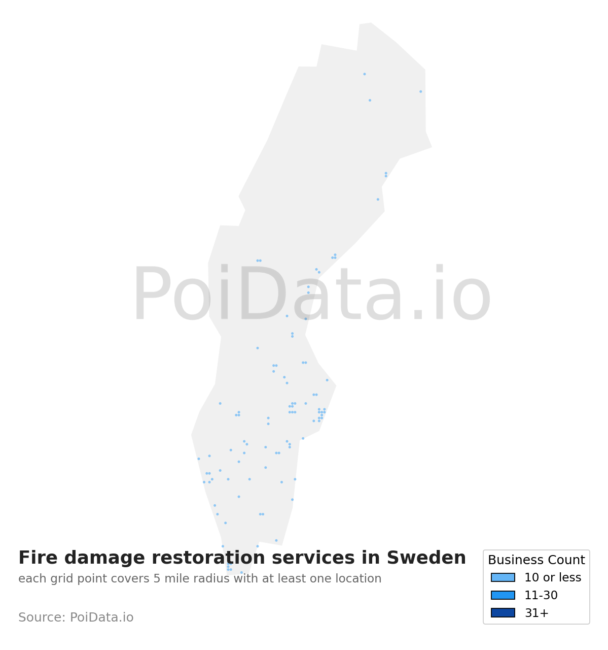 Fire damage restoration service density map for Sweden