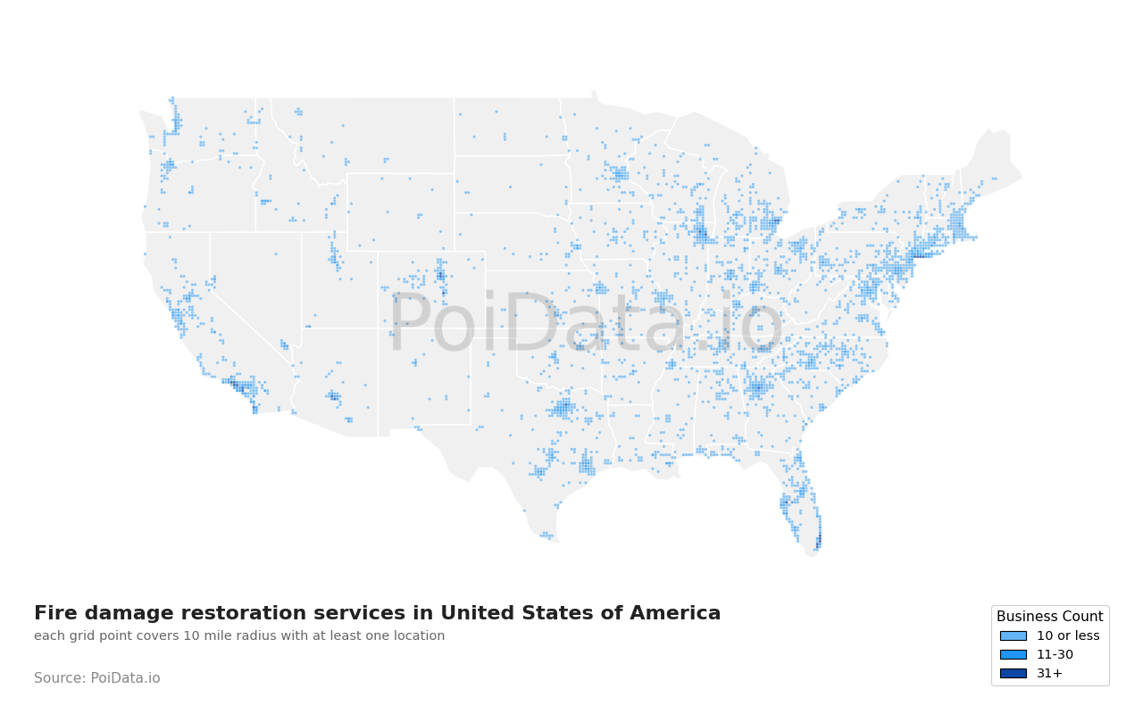 Fire damage restoration service density map for Florida, United States