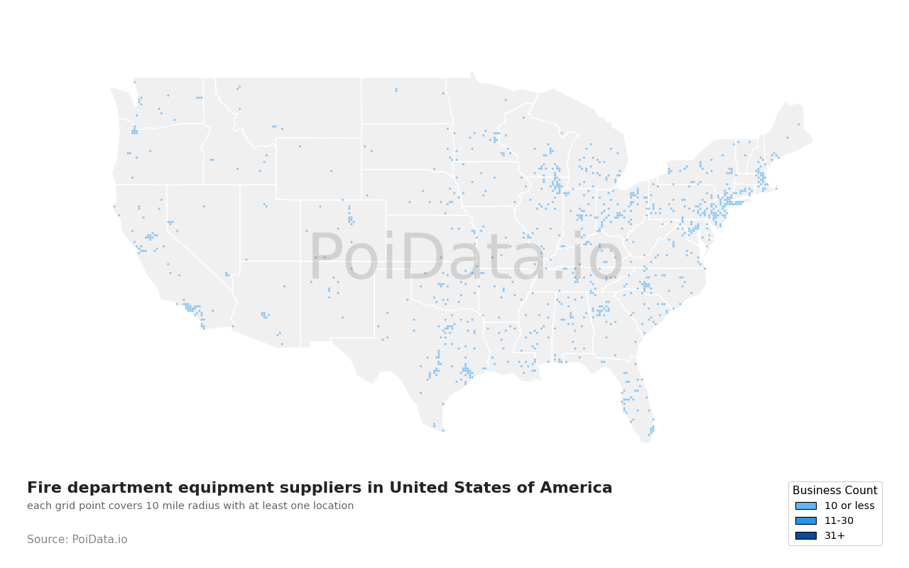 Fire department equipment supplier density map for New York, United States
