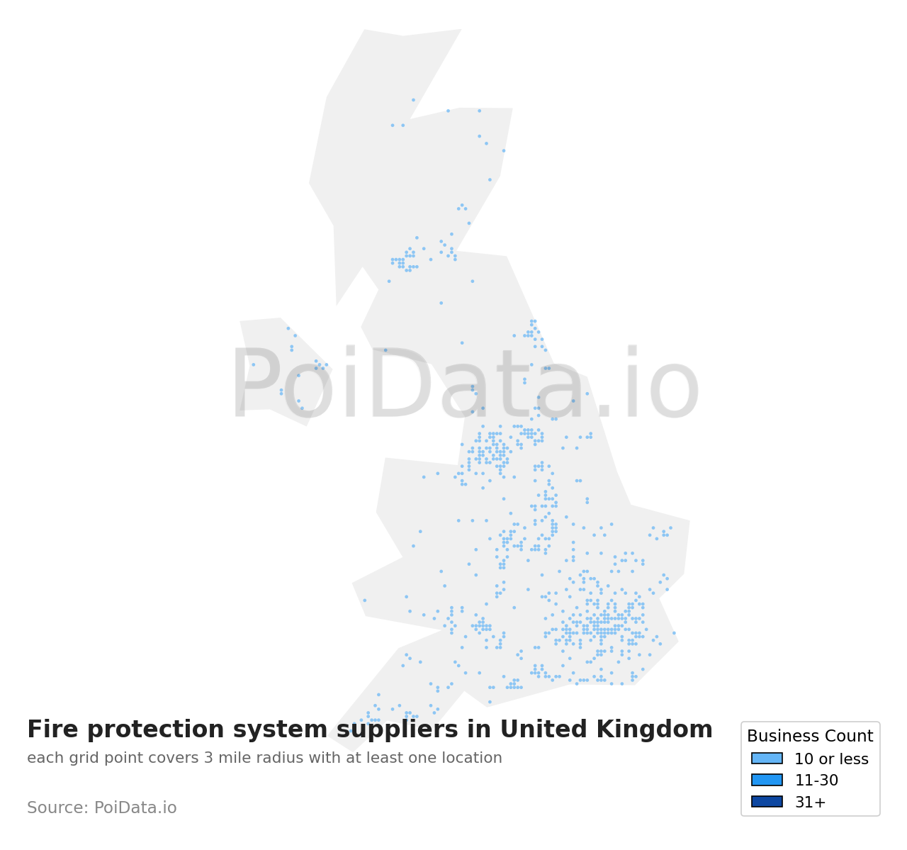 Fire protection system supplier density map for United Kingdom