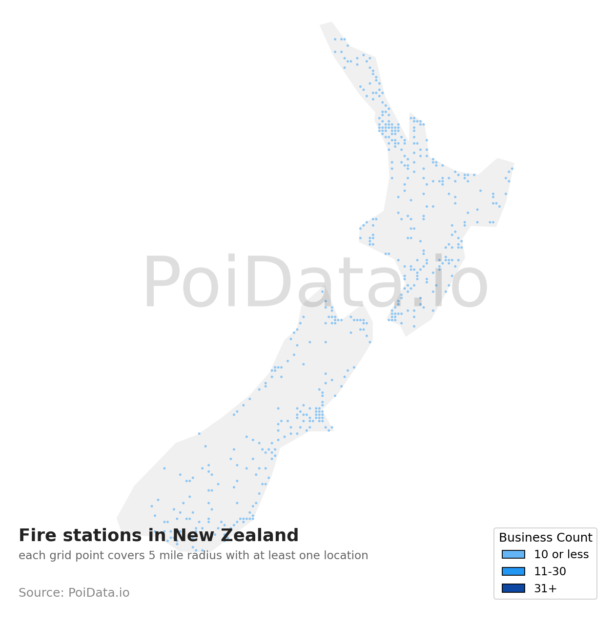Fire station density map for New Zealand