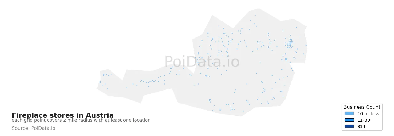 Fireplace store density map for Austria