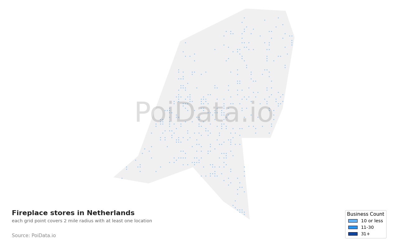 Fireplace store density map for Netherlands