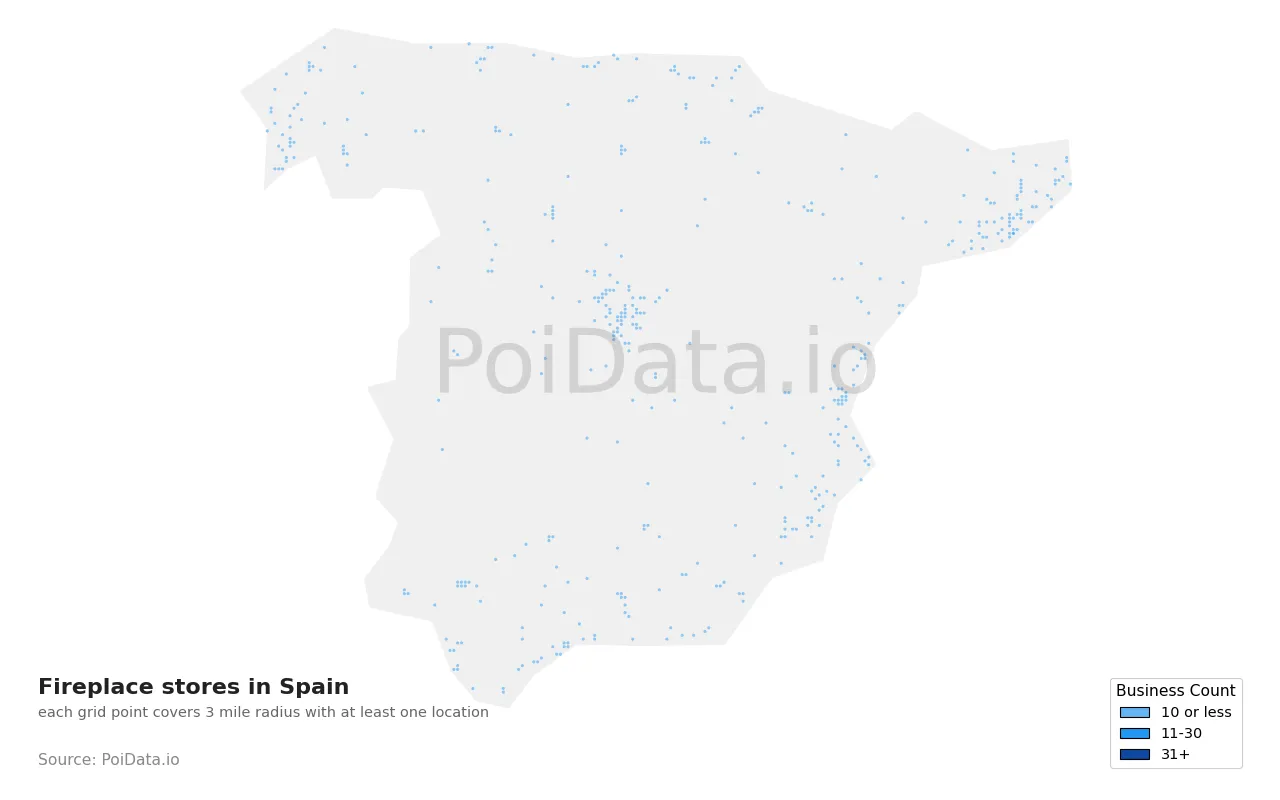 Fireplace store density map for Spain
