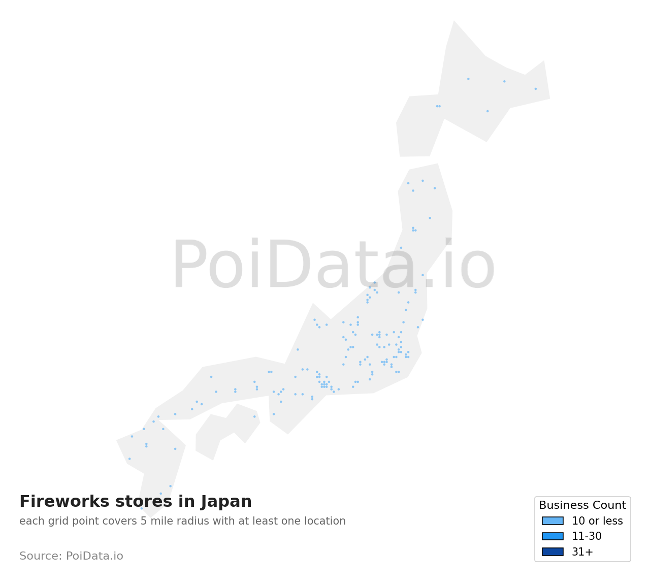Fireworks store density map for Japan