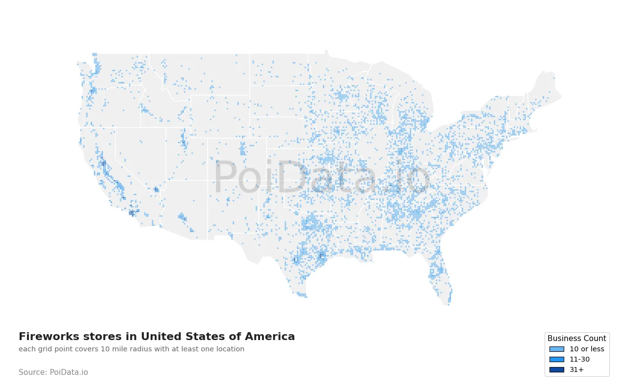 Fireworks store density map for United States