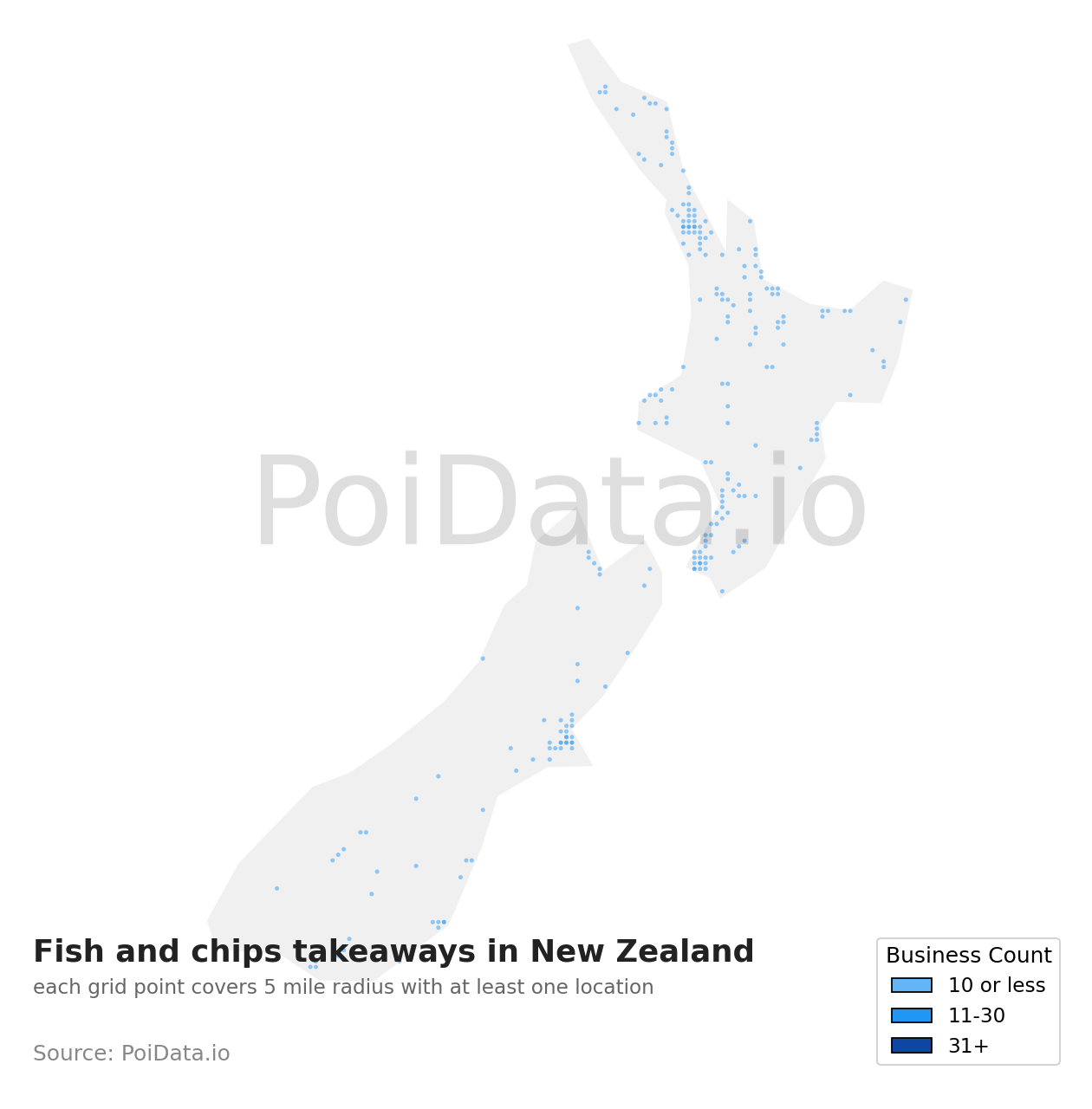 Fish and chips takeaway density map for New Zealand