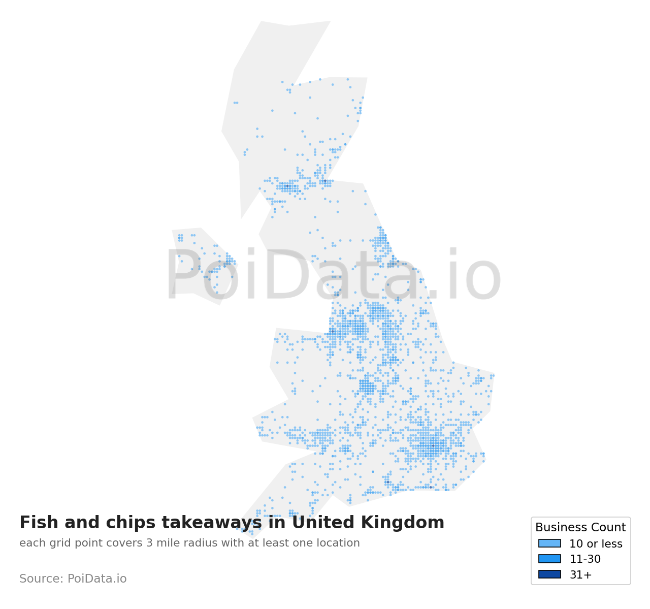Fish and chips takeaway density map for United Kingdom