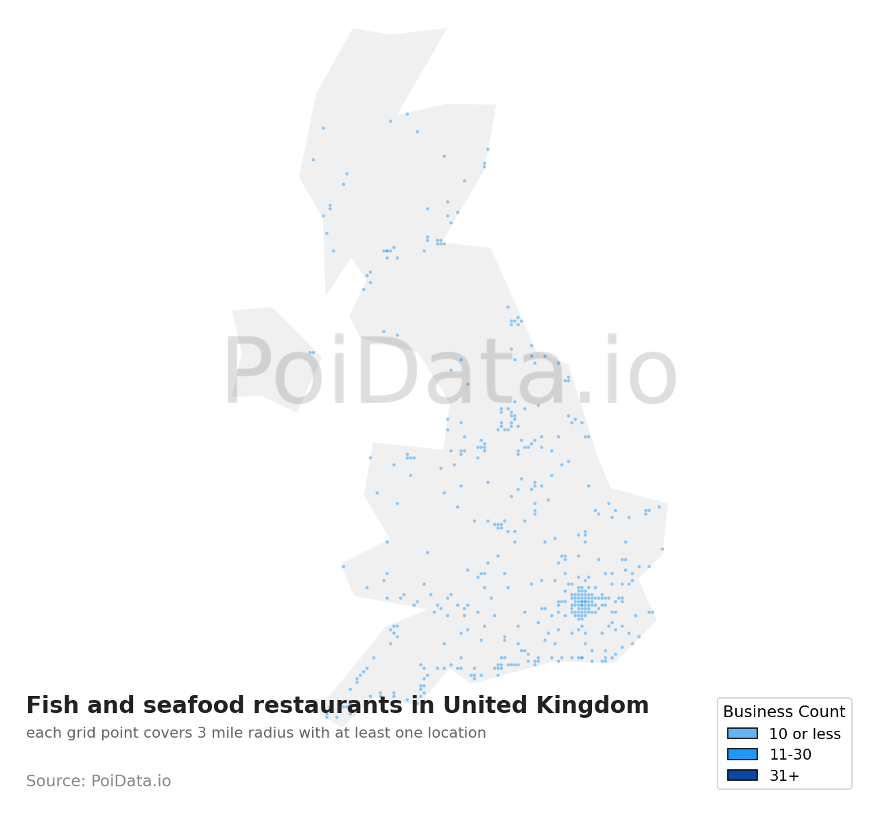 Fish and seafood restaurant density map for United Kingdom