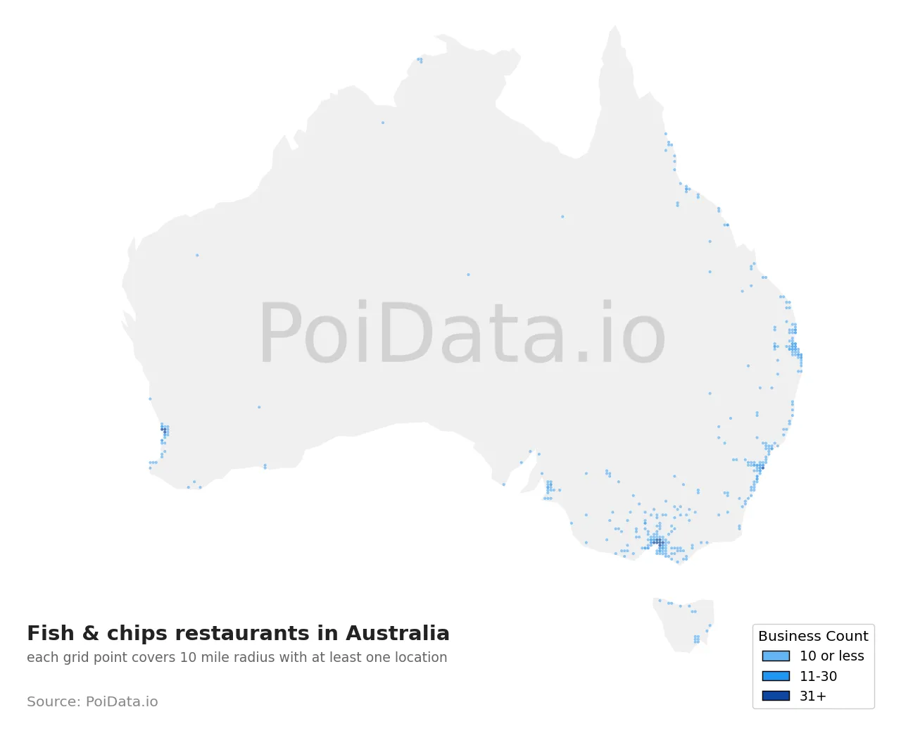 Fish & chips restaurant density map for Australia