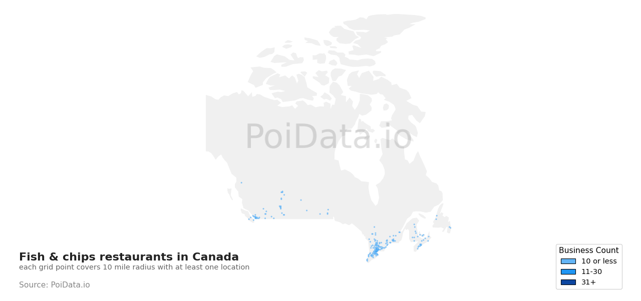 Fish & chips restaurant density map for Newfoundland and Labrador, Canada
