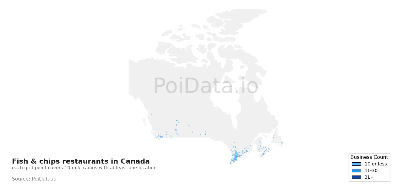 Fish & chips restaurant density map for Canada