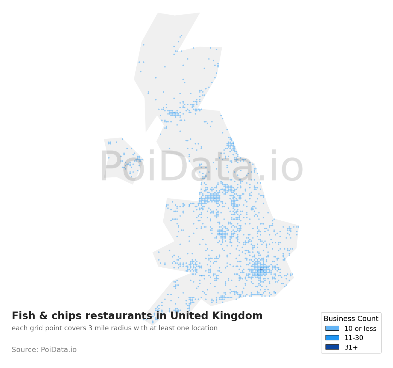 Fish & chips restaurant density map for United Kingdom