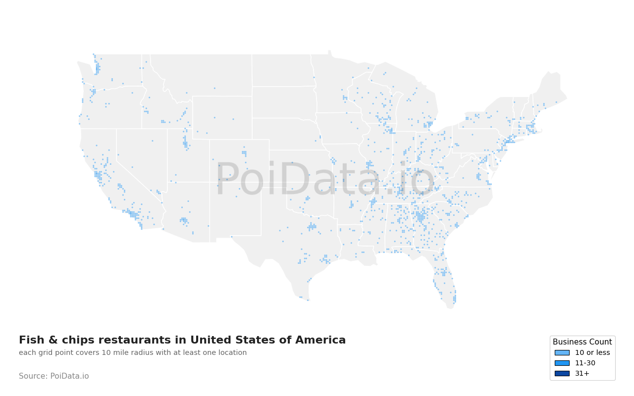 Fish & chips restaurant density map for Washington, United States