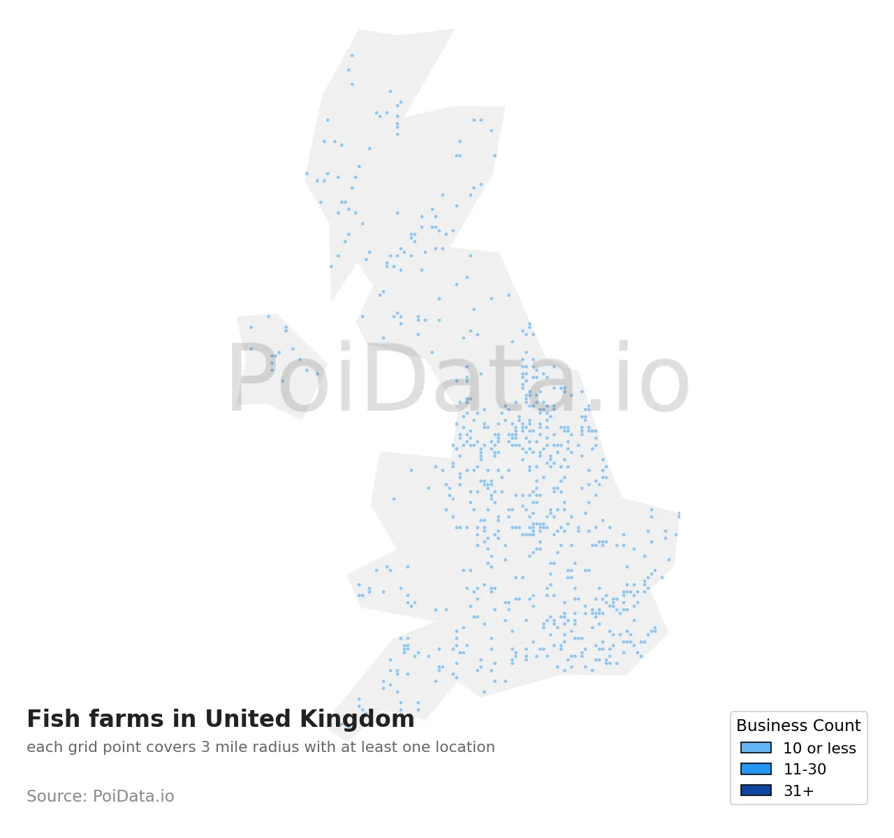 Fish farm density map for United Kingdom