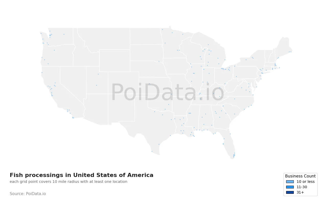 Fish processing density map for United States