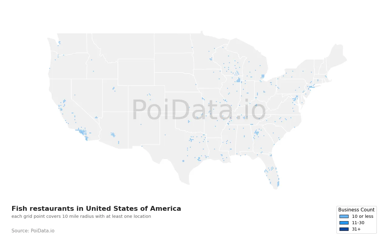 Fish restaurant density map for United States
