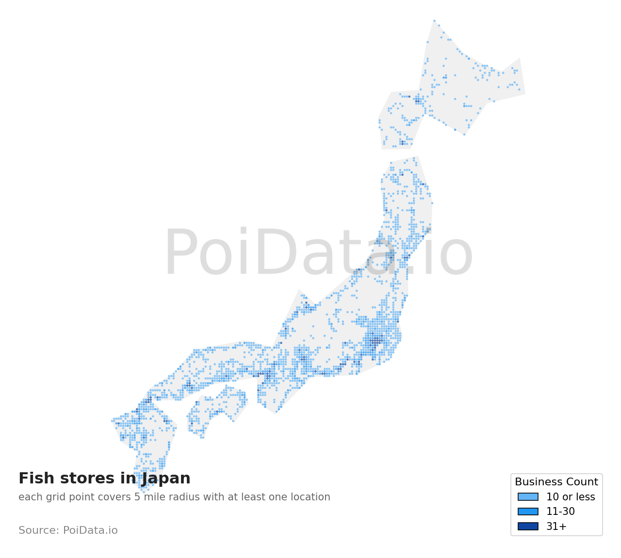 Fish store density map for Aichi, Japan